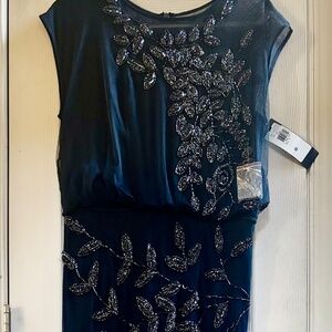JS Collections Navy Blue Beaded Leaf Chiffon Trumpet Gown Size 4 Orig $298